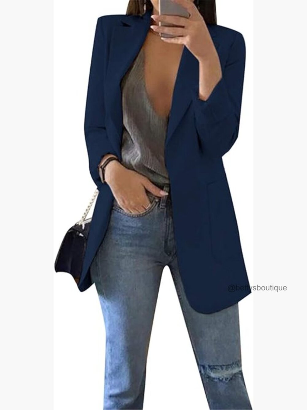 Long Sleeve Solid Color Blazer Open Front Slim Fit Work Jacket Coat